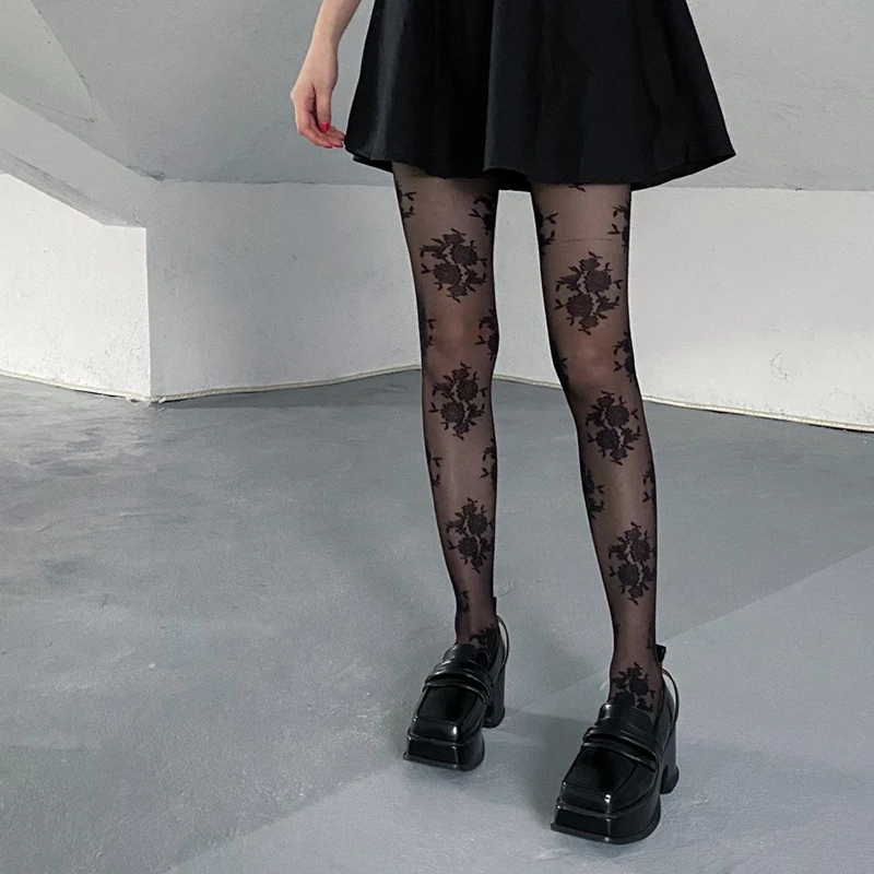 Black Rose Flowers Retro Pantyhose Women Sexy Charming Long Stockings Female White Tights Office Ladies Elegant Leggings Hosiery