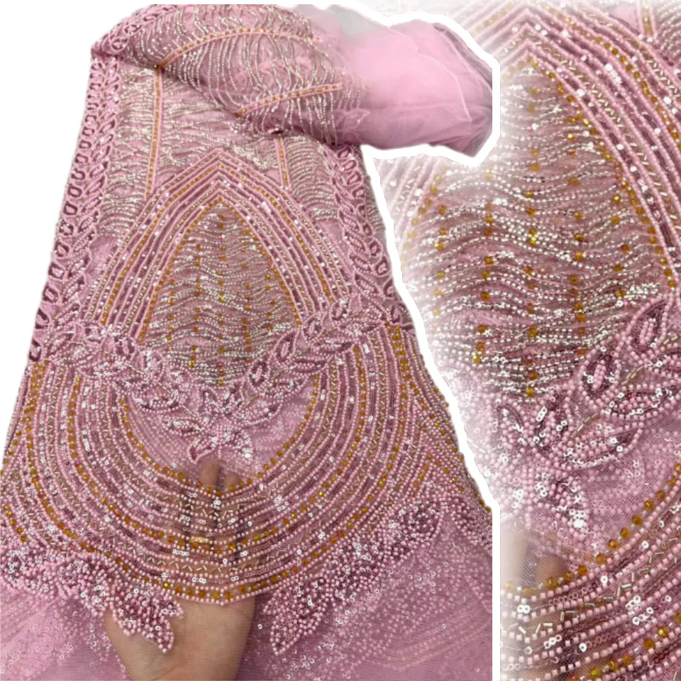 Elegant 2026 African Gold French Lace Fabric Handmade Beads Mesh with Sequins for Wedding Party Sewing European Embroidery 3388