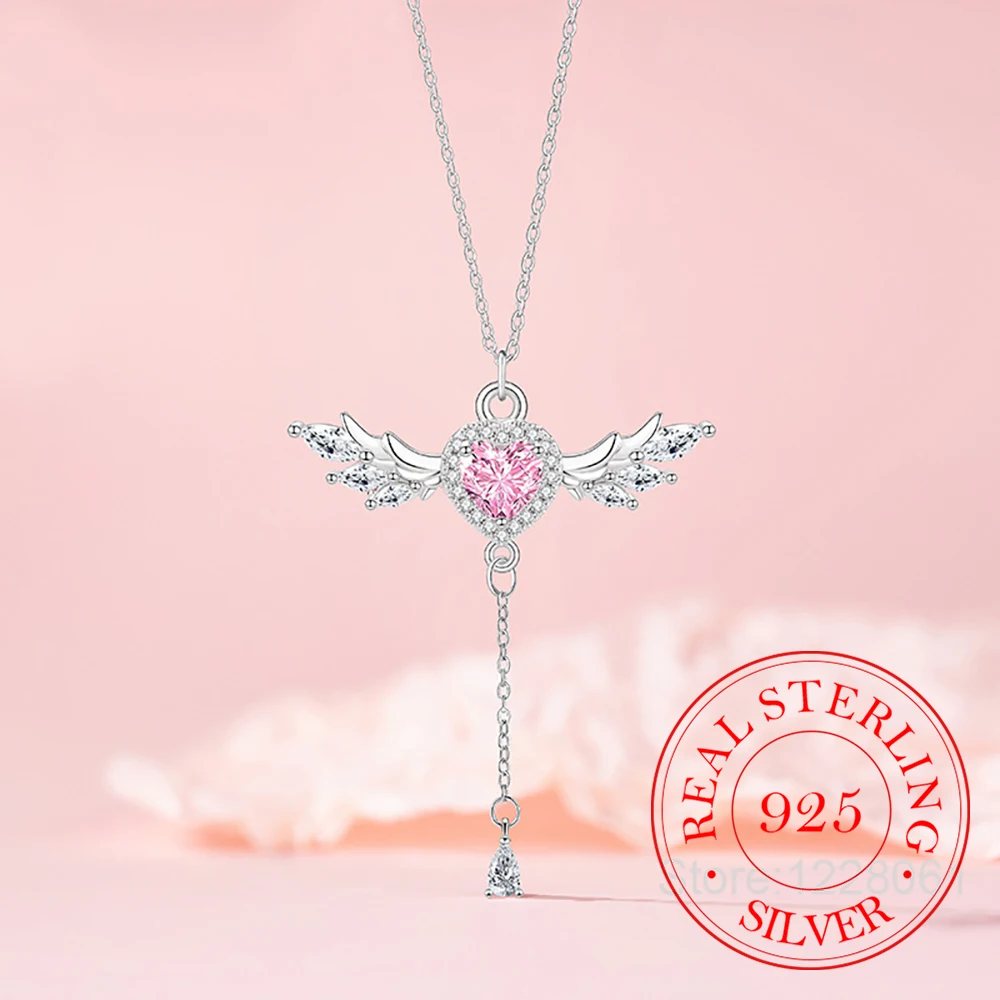 

925 Sterling Silver Jewelry Pink Crystal Angel Heart Pendant Necklace for Women Wedding Party Jewelry for Girls Friend Gift