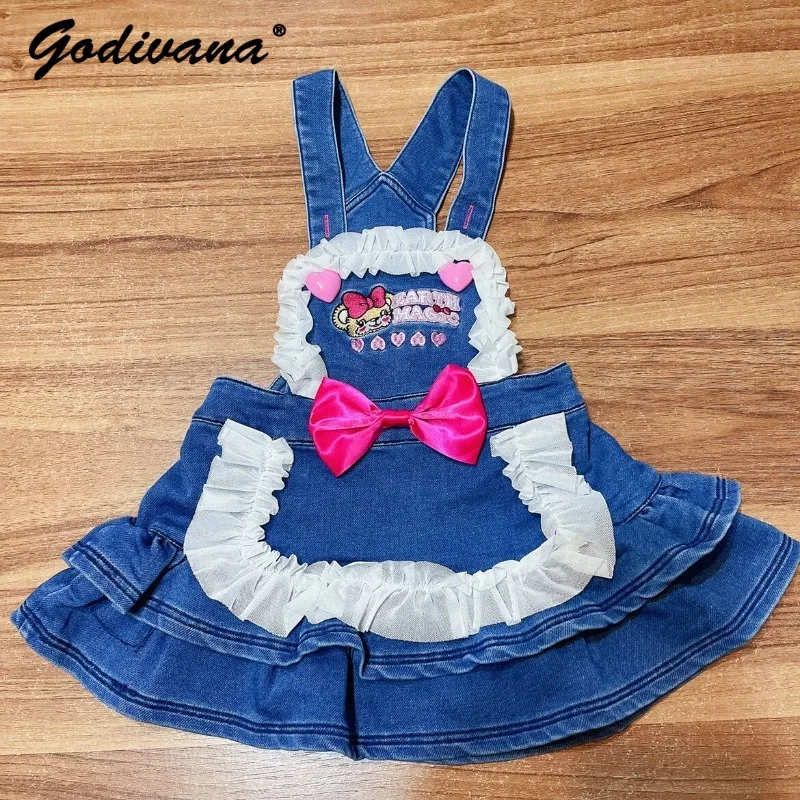 Cute and Sweet Little Girls Denim Overalls Dress Kids Mesh Panel Lace Bow Cartoon Bear Embroidery Pure Cotton Overalls Dresses