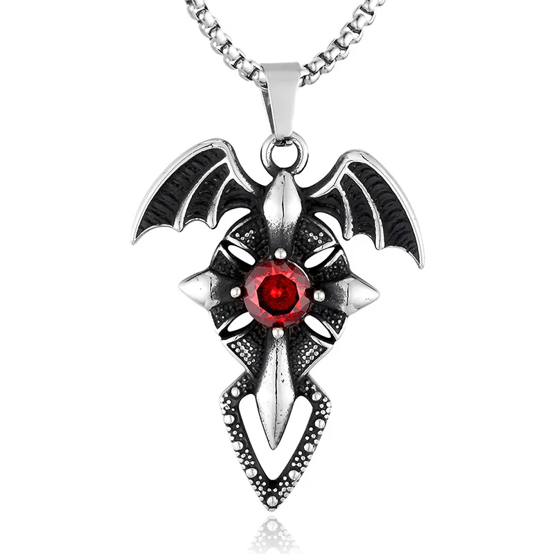 

Fashion OL Stainless Steel Wings Cross Ruby Pendant Necklace Chain