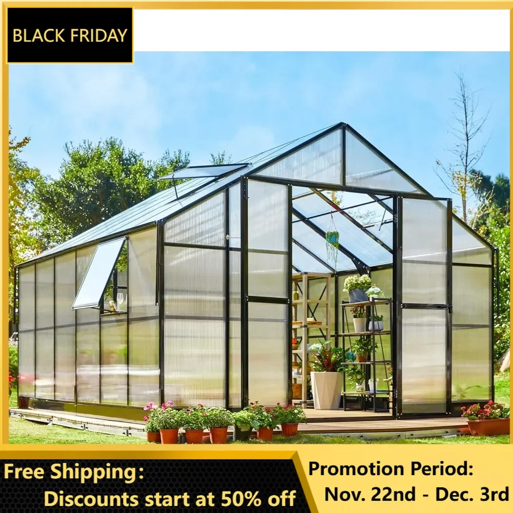 12x13.5x9 FT Polycarbonate Greenhouse - Aluminum Greenhouse with Quick Connect Fittings, 6.7 FT Height Double Doors, Greenhouse