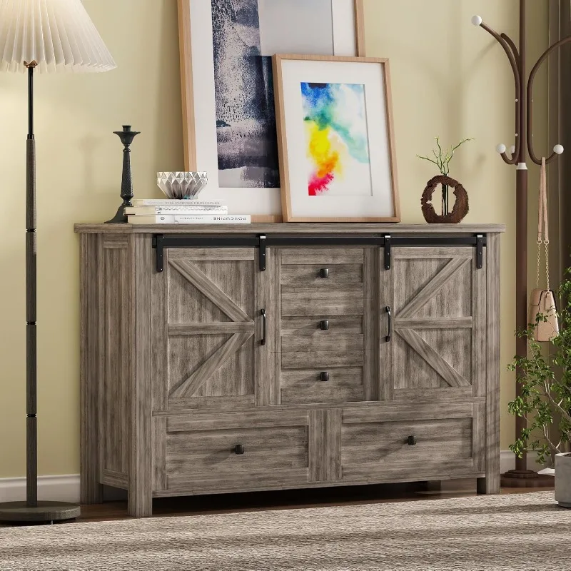 48" Farmhouse w/5 Drawer & 2 Sliding Barn Door, Dressers&Chests of Drawers, 5 Drawer Dresser TV Stand for Bedroom, Living Room