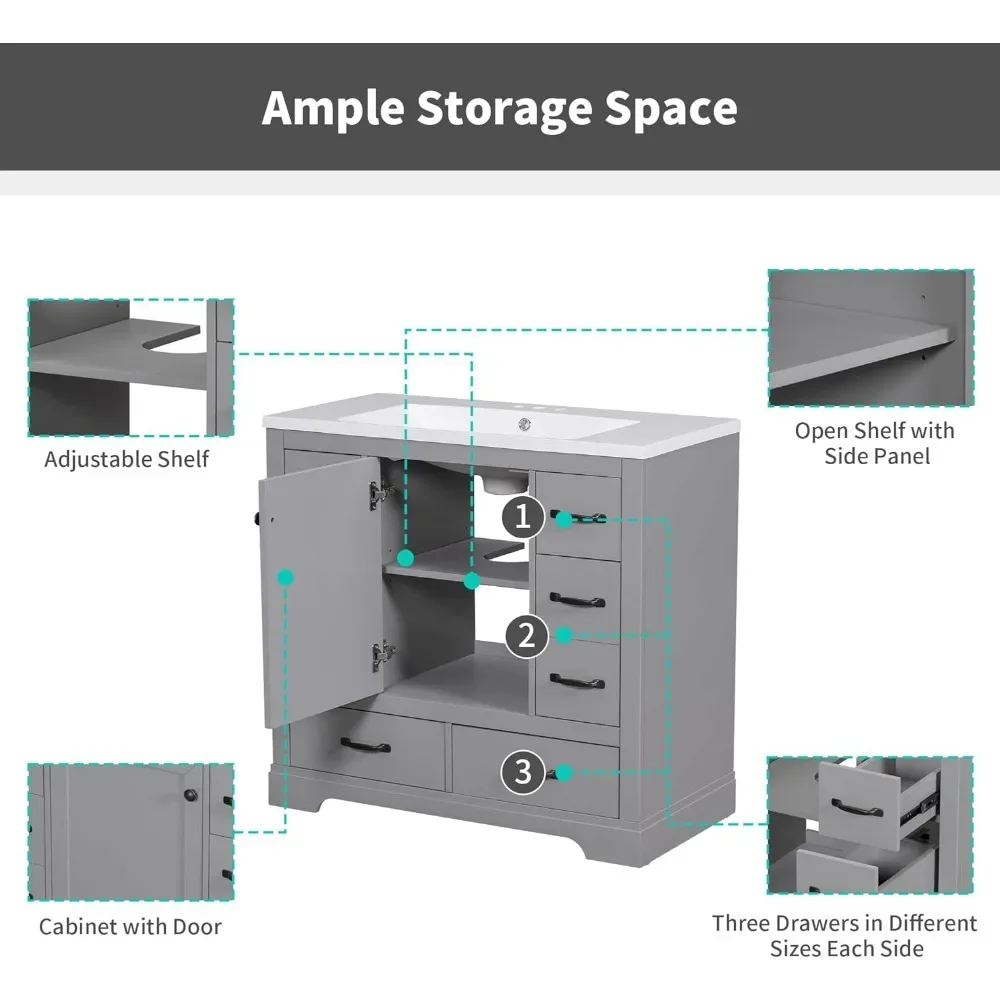 HOVanity avec évier, armoire avec bassin en céramique, 6 égouts de proximité, une armoire avec étagère réglable, 36 po