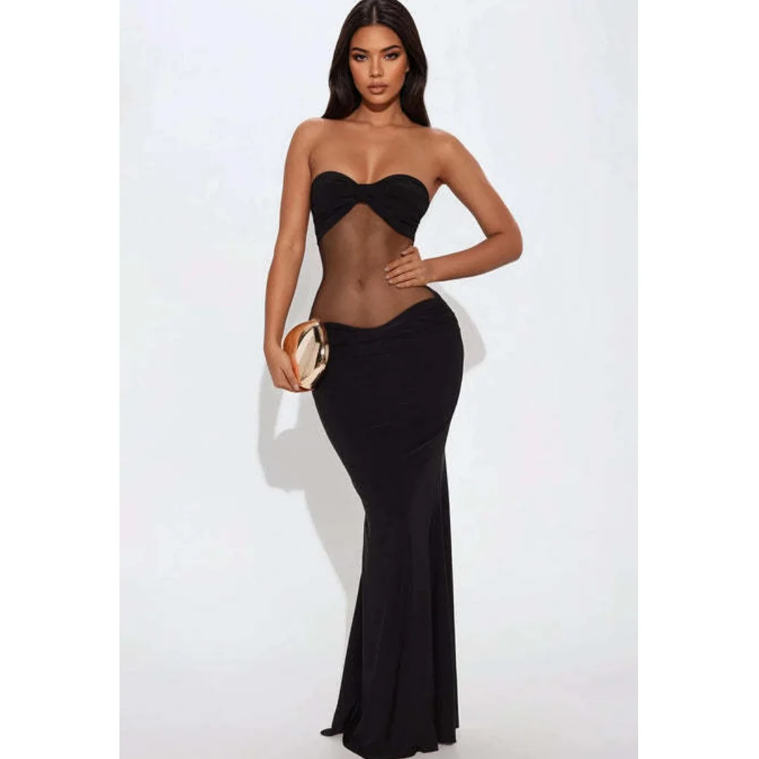 Mode Off Schulter Sexy aushöhlen Lange Kleider Solide Schlank Trägerlosen Mesh Sheer Kleid Elegante Sommer Party Club Abendkleid