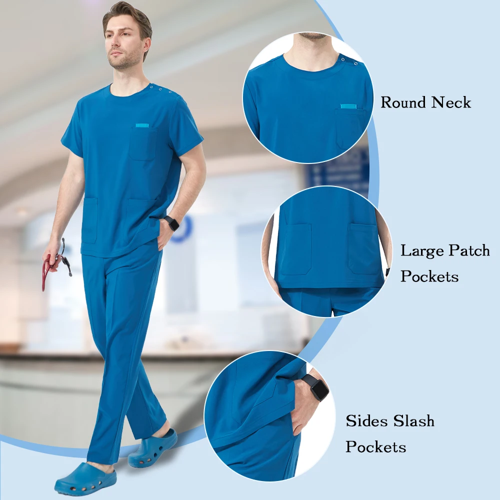 크루넥 의사 유니폼 남성용 의료 스크럽 세트 동물병원 간호복 치과 소아과 의류 4방향 스트레치 S0202