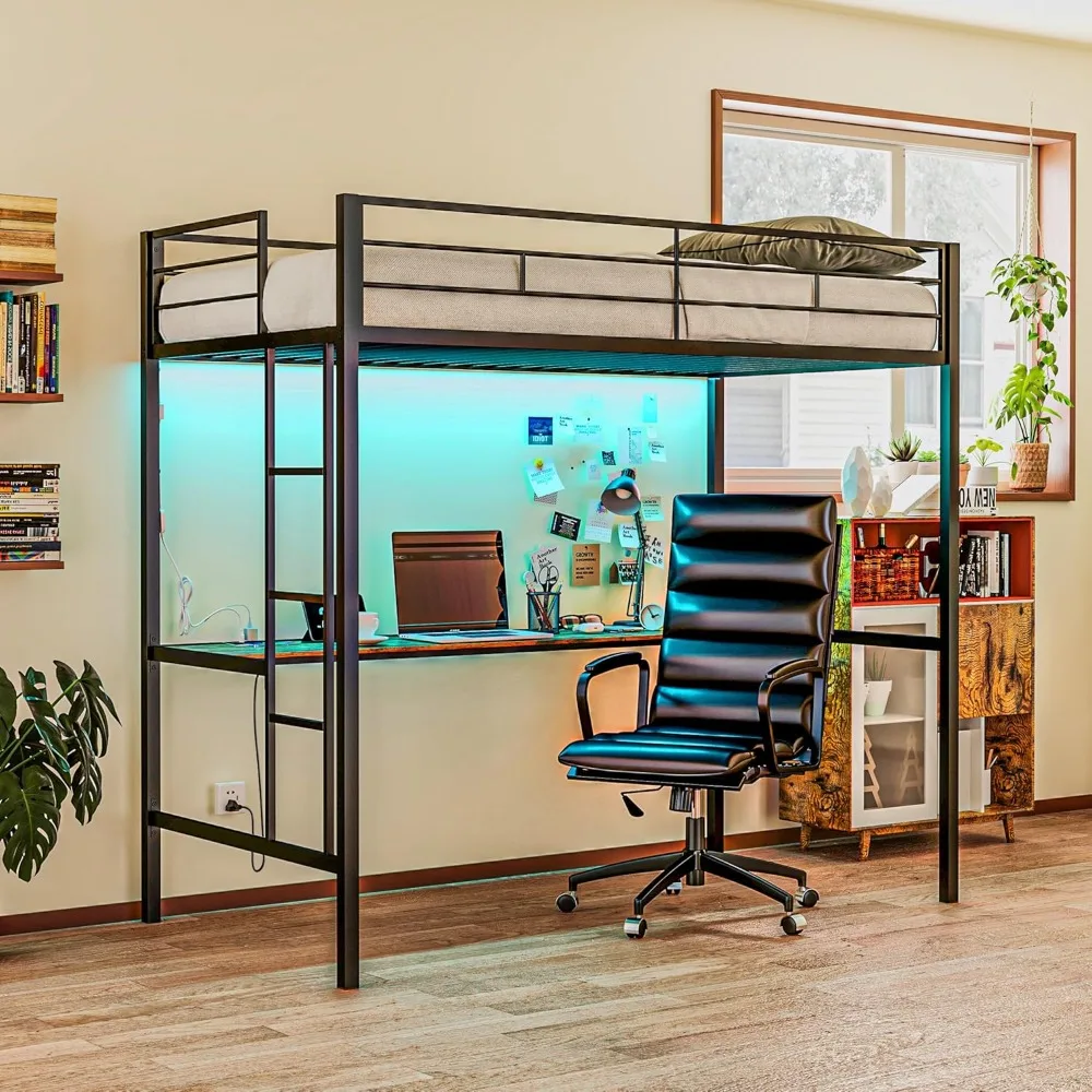 new Loft Bed Twin Size with Desk, LED Lights, Charging Station, Metal Loft Bed Frame for Teens and Adults with Safety Guardrail
