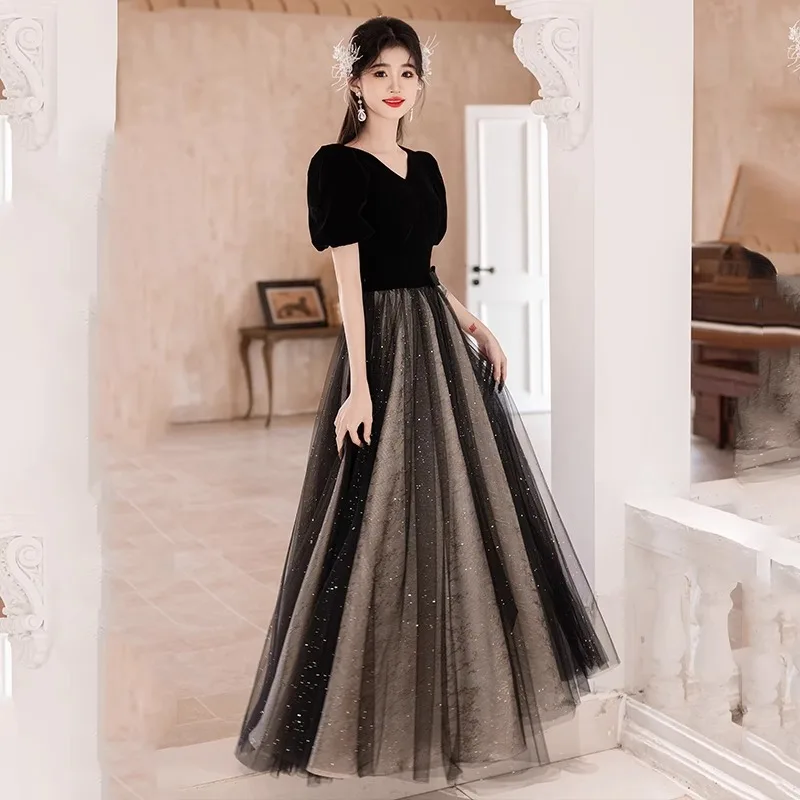 

Черное вечернее платье для женщин, элегантное лоскутное тюлевое платье с v-образным вырезом для выпускного вечера, модные свадебные платья с короткими рукавами