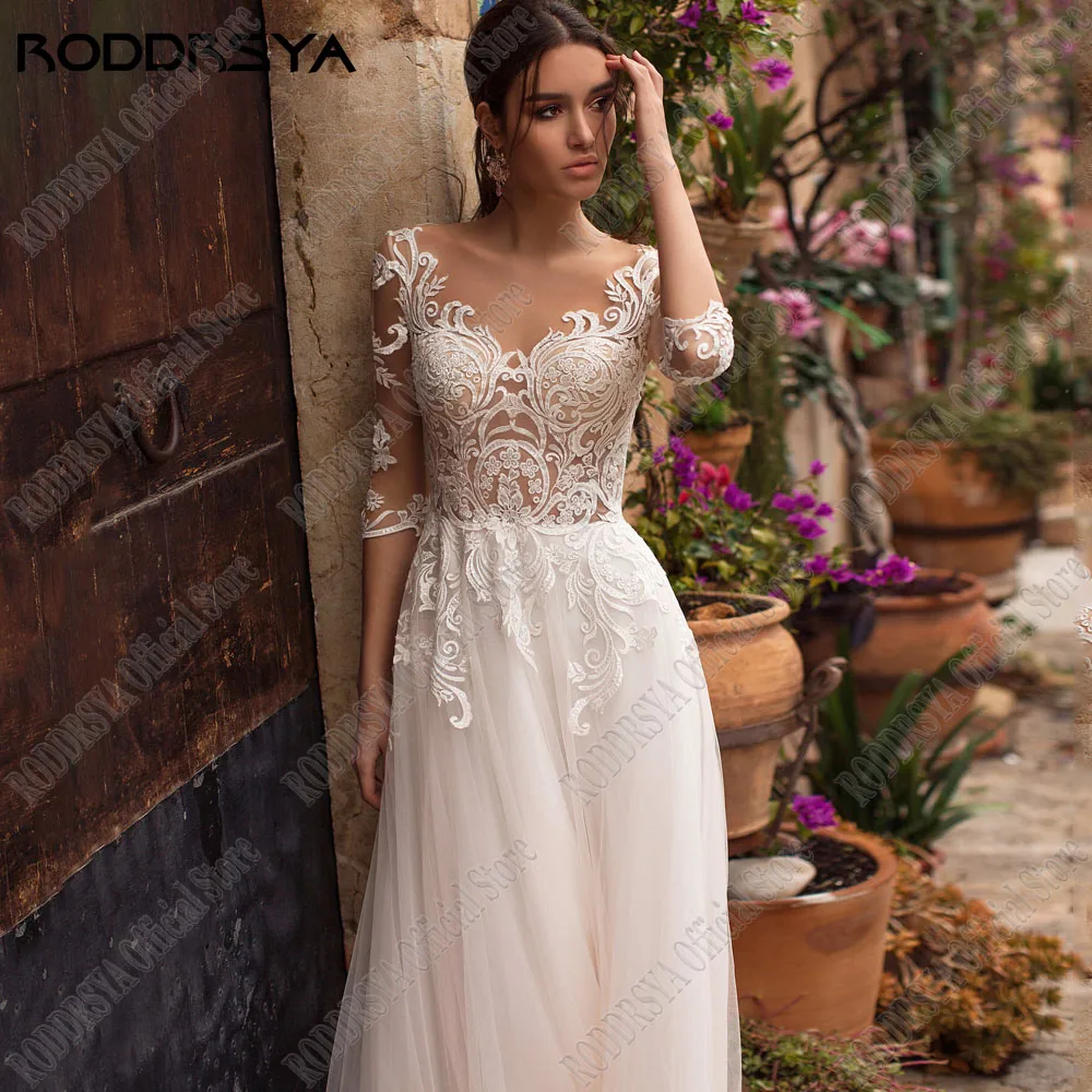 RODDRSYA Boho 3/4 Sleeves Wedding Dress A-Line Scoop Lace Applique Bride Gowns Sweep Train Tulle Illusion Vestidos De Novia