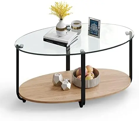 

Glass Coffee Table, 2 Tier Oval Tea Table with Tempered Glass Tabletop and Wooden , Modern Glass Sofa Center Table for Home Offi