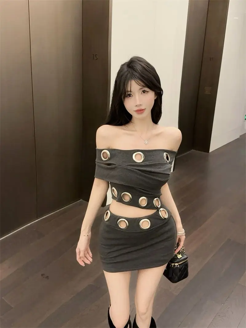 2025 Women's Punk Off-Shoulder Bodycon Dress - Metal Ring Decor Cutout Mini Dress, Sexy Streetwear for Spring Summer