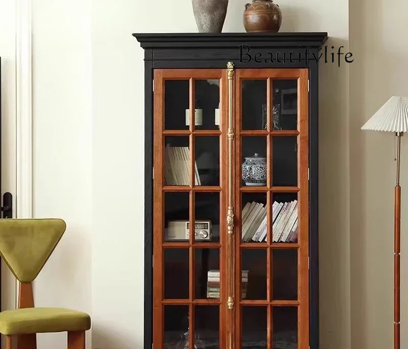 

HK American light luxury solid wood wine cabinet simple antique living room glass door decorative storage cabinet