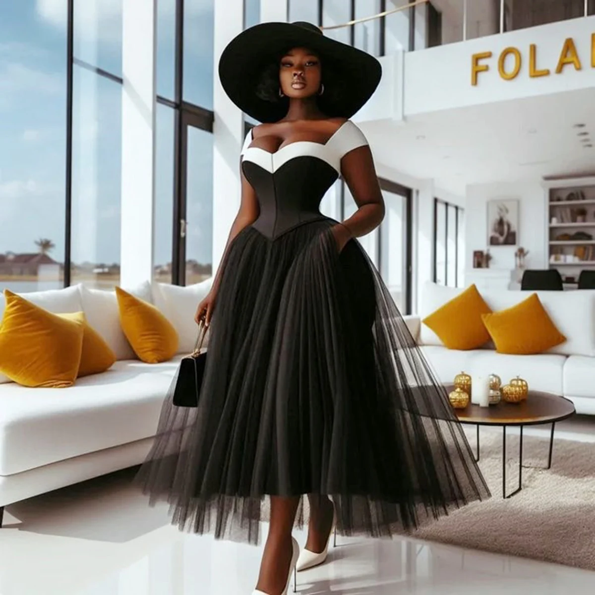 

Aso Ebi Black And White Prom Dress Off The Shoulder Satin And Tulle Evening Gowns A Line Plus Size Women Formal Party Dress