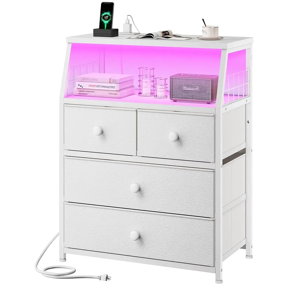 

Nightstand With Charging Station & Led Lights, 21.8"" W Bedside Table With 4 Fabric Drawers, Night Stand With Outlets And 2 Usb