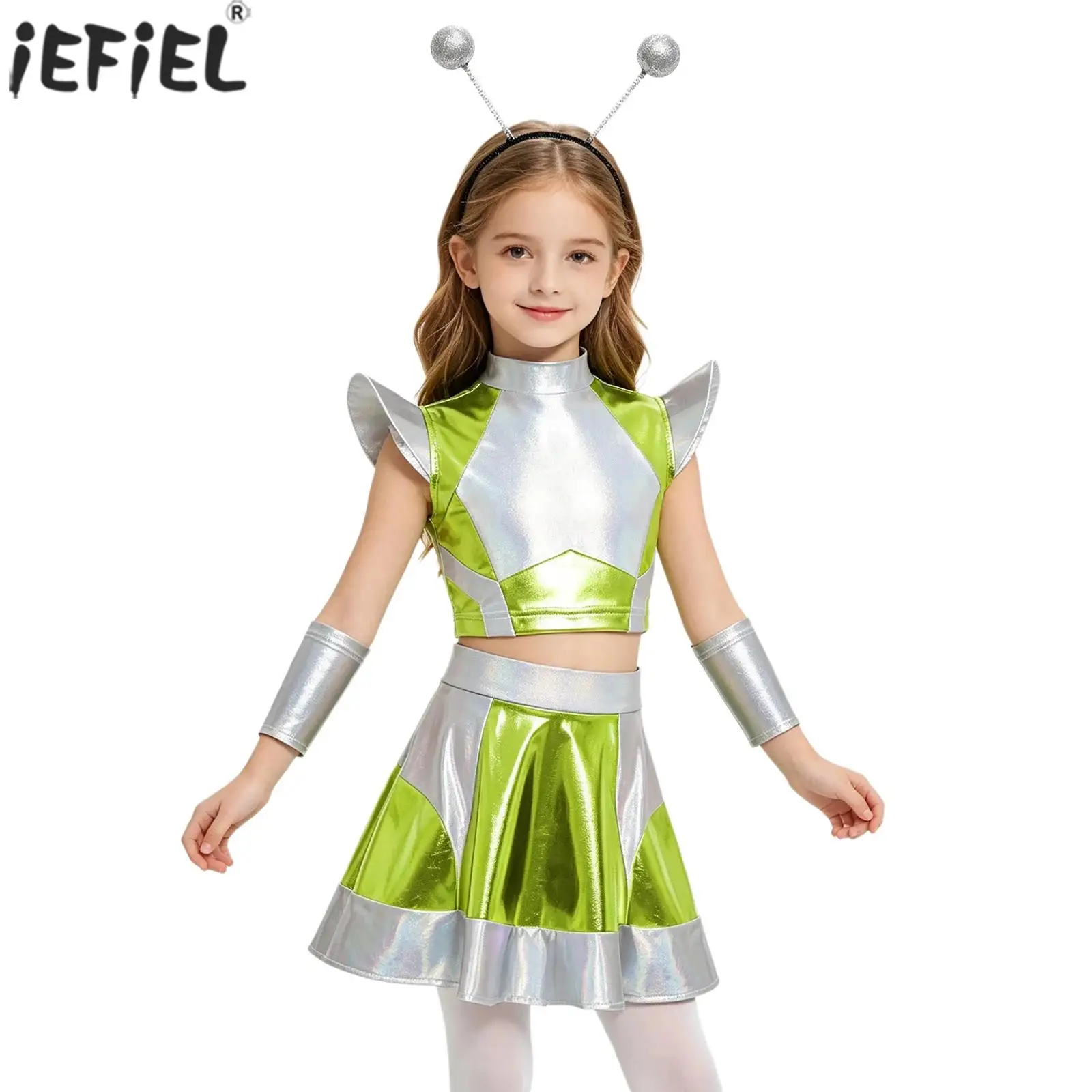 Kids Girls Halloween Alien Cosplay Costume Robot Outer Space Party Cutie Outfit Cap Sleeve Glossy Metallic Top And Skirt Sleeves