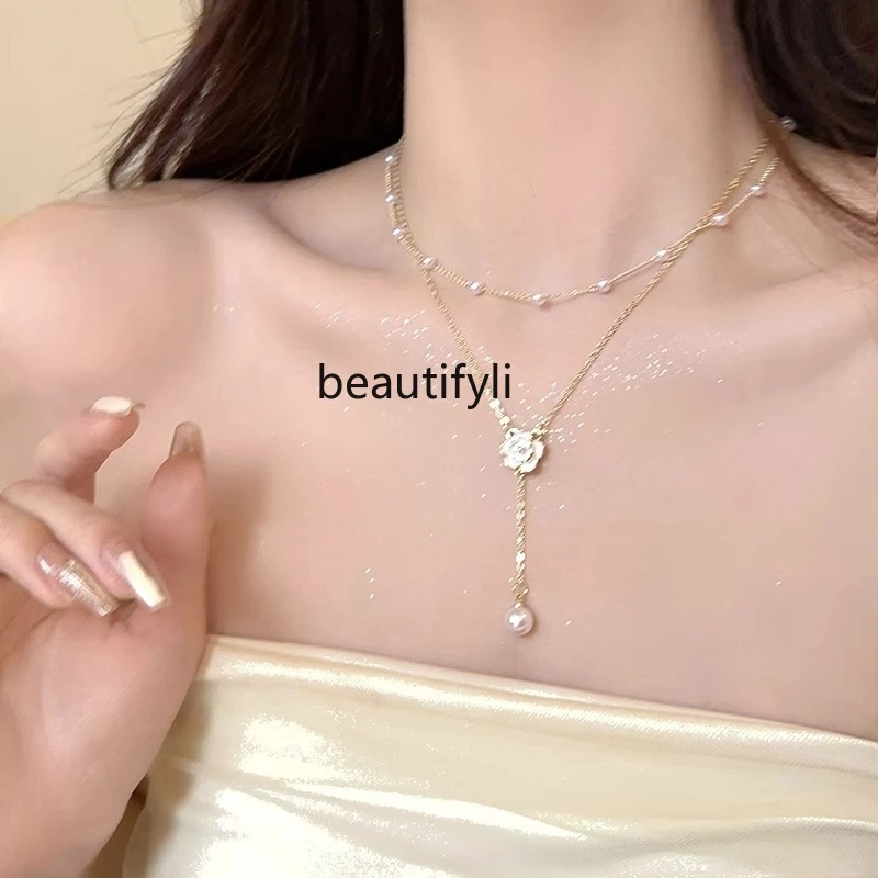 Double-Layered Tassel Pearl Necklace for Women Niche Design Camellia Clavicle Chain Light Luxury High-Grade Temperament Necklace