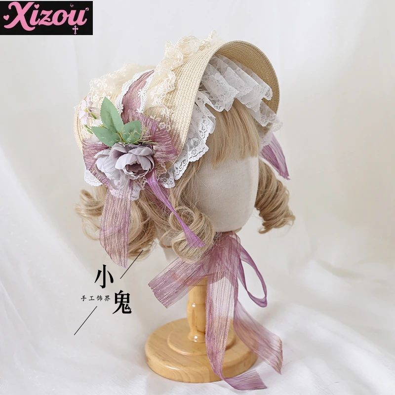 Women Handmade Lolita Flower Elegant Flat Hat Top Hat Flower Wedding Tea Party Pastoral Straw Hat Lace Hanyang Eclectic Summer