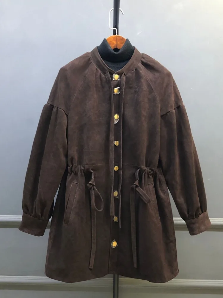 الخريف الشتاء المرأة طويلة سترة جلدية جلد الغزال الحقيقي قابل للتعديل الخصر واحدة الصدر لينة معطف جلد طبيعي خمر خندق جديد