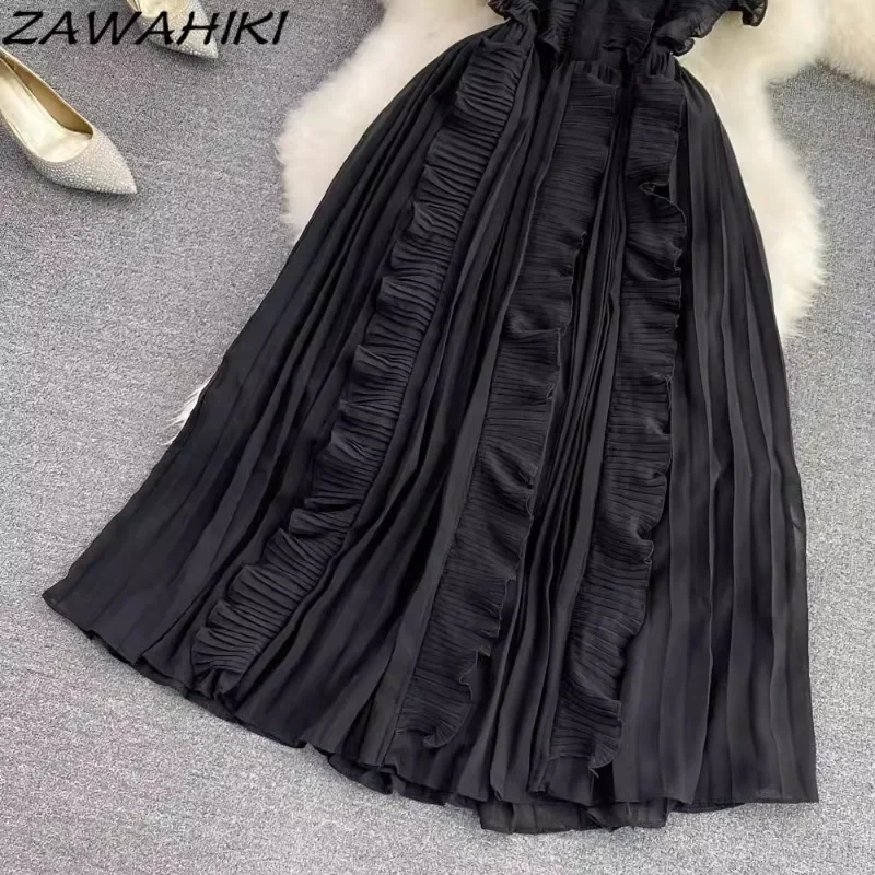 Temperament damska sukienka latający rękaw Patchwork Femme szata plisowane falbany urząd Lady Vestidos jednolity kolor Casual Ropa Mujer