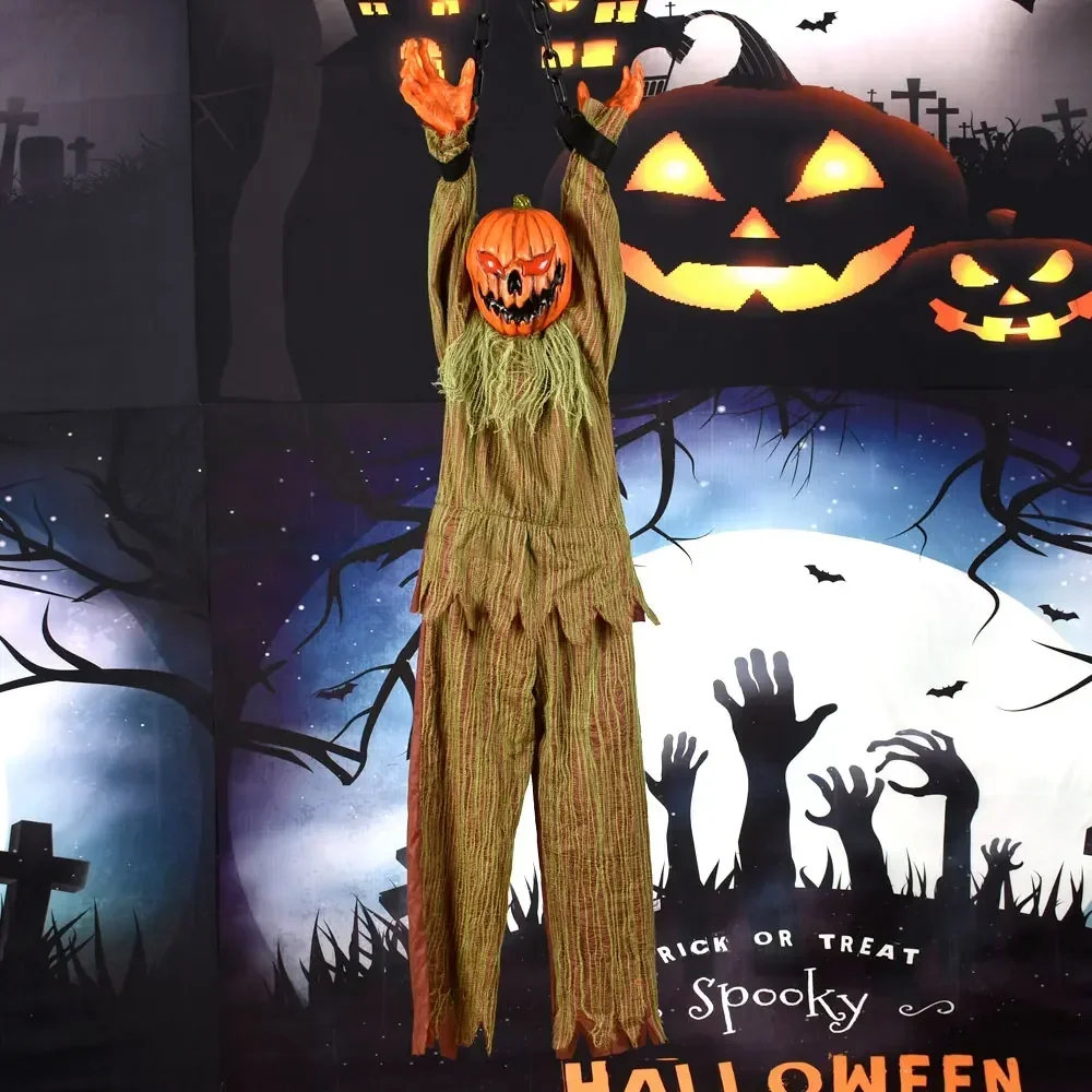 1PC Halloween Hanging Pumpkin Head Decoration Spooky Clown With Scream Sound Perfect For Haunted House Parties Home Decor