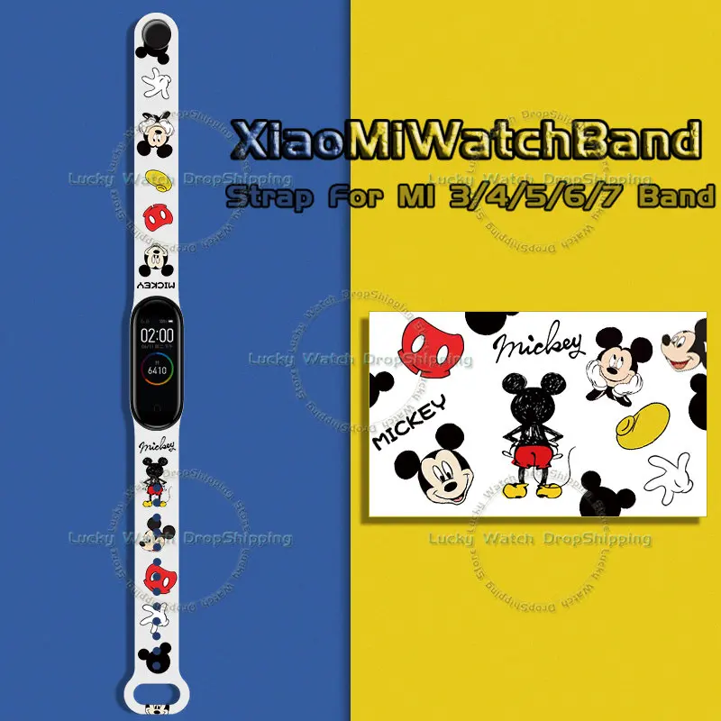 Disney Cartoon Strap Suitable for Xiaomi 3/4/5/6/7NFC Mi Band Mickey Minnie Printing Wristband New Strap Watch Decoration Gift