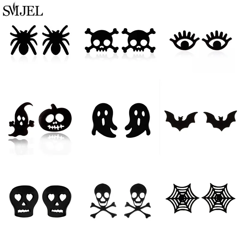 Punk Halloween Earring Black Stainless Steel Ghost Pirate Skull Stud Earrings Women Men Goth Pumpkin Spider Bat Ear Jewelry Gift