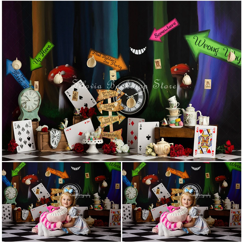 

Mad Hatters Tea Party Photo Background Children Birthday Cake Smash Photography Backdrop Cloth Kids Portrait Photo Studio Props