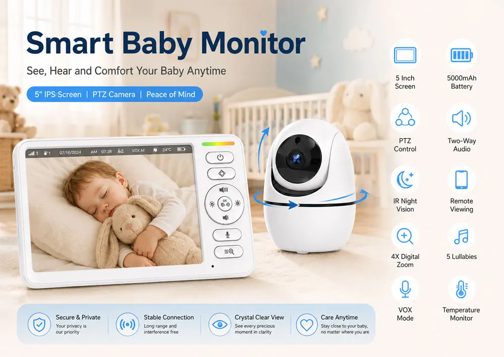 5-Zoll-PTZ-Babyphone-Kamera mit Audio, 5000mAh wiederaufladbarem Elternbildschirm, 4-fachem Digitalzoom, Zwei-Wege-Kommunikation, IR-Nachtsicht, VOX-Geräuscherkennung, Raumtemperaturüberwachung, 5 Schlaflieder, Fernüberwachung, kabelloser Videomonitor für Kinderzimmer, Schlafzimmer und Babypflege – Detail 2