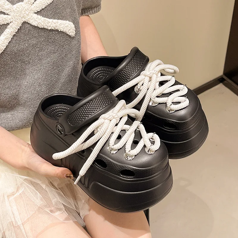 

2026 Summer New Thick Sole Lace-Up Slippers Casual EVA Height Increasing Closed Toe Slides Solid Color Outdoor Fashion Sandals