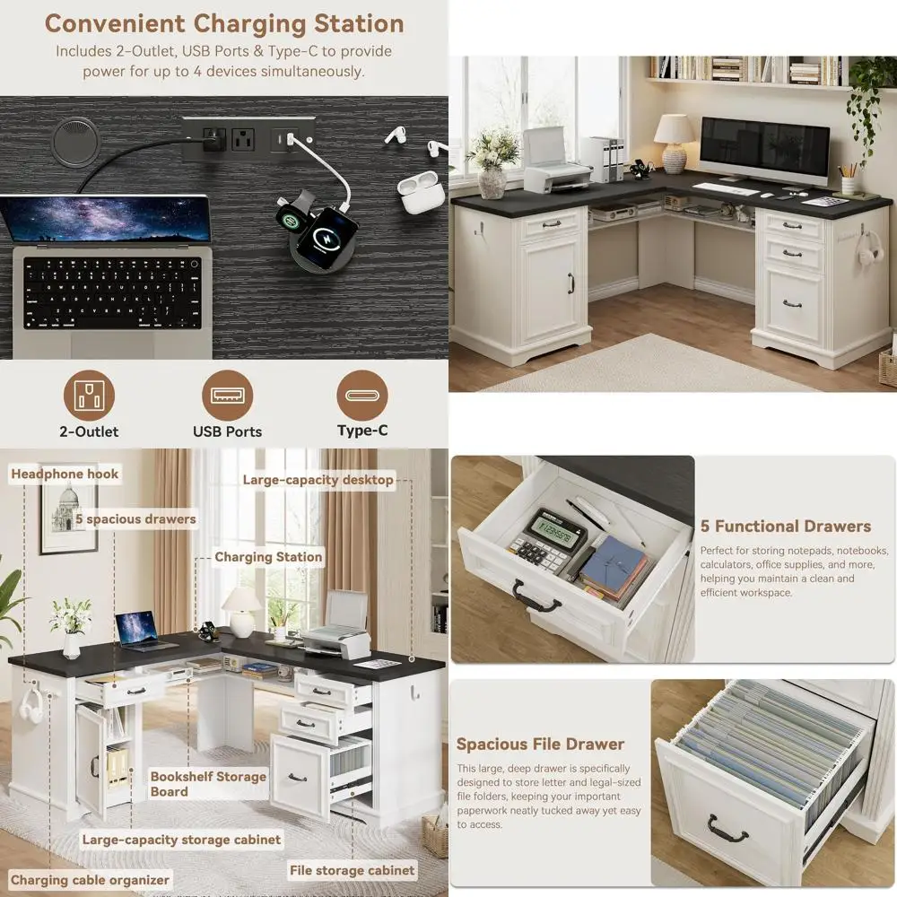 

Угловой офисный стол Armhouse L-образной формы с 4 ящиками, домашний офисный стол со скрытым отсеком для хранения под столом и зарядной станцией, для домашней кабины