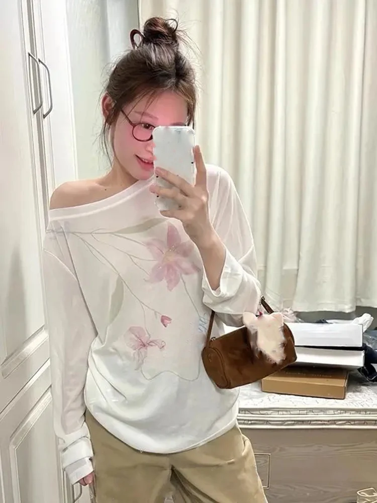 الأمريكية الرجعية ملابس منقوشة بكم طويل تي شيرت المرأة الحلو عادية شفافة تنوعا بلايز الخريف جديد Y2k الجمالية تيز