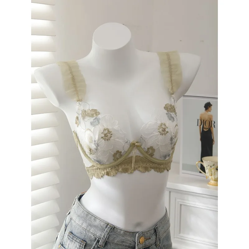 Sujetador de Encaje Bordado Francés, Fino para Primavera/Verano, Aro Suave, Copa Conejo, Reductor de Busto Grande, Lencería Sexy para Mujer