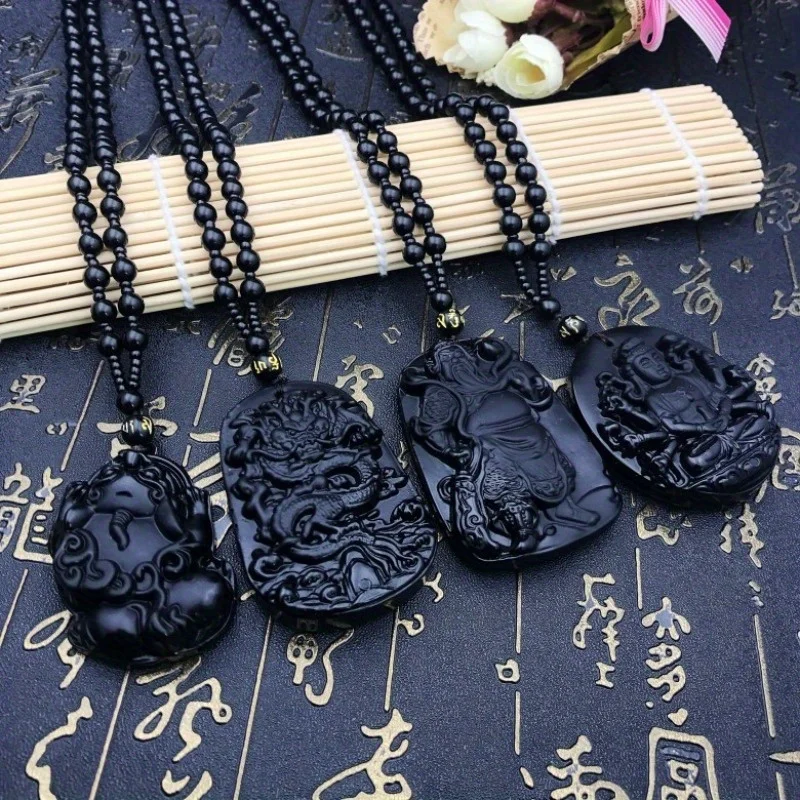 

1pc Black Obsidian Pixiu Pendant, Guanyin Buddha Necklace For Men