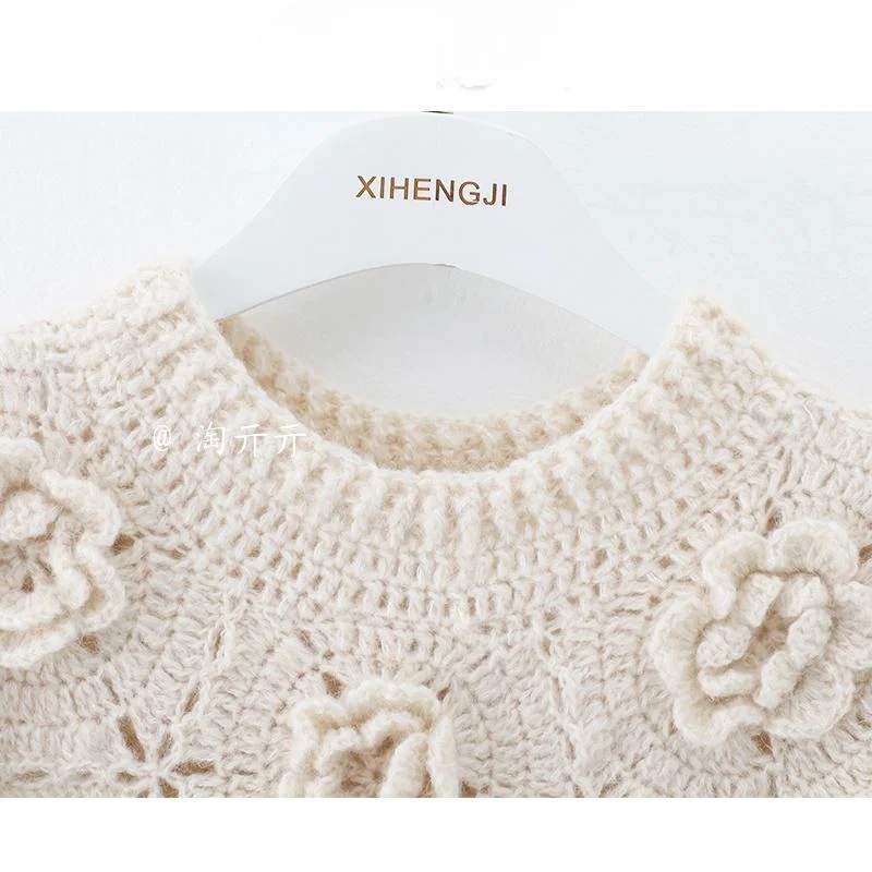 Sweet Girl Design Small Flower O-neck Short-sleeved Knitted T-shirts Women\'s Summer Hollow Slim Short Age-reducing Pullover Tops