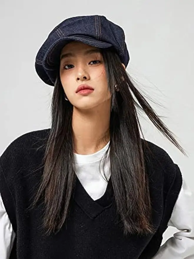 Denim Newsboy Cap for Women Fashion Baseball Cap Wide Brim Sun Hat Blue Berets Comfy Lightweight Adjustable Outdoor