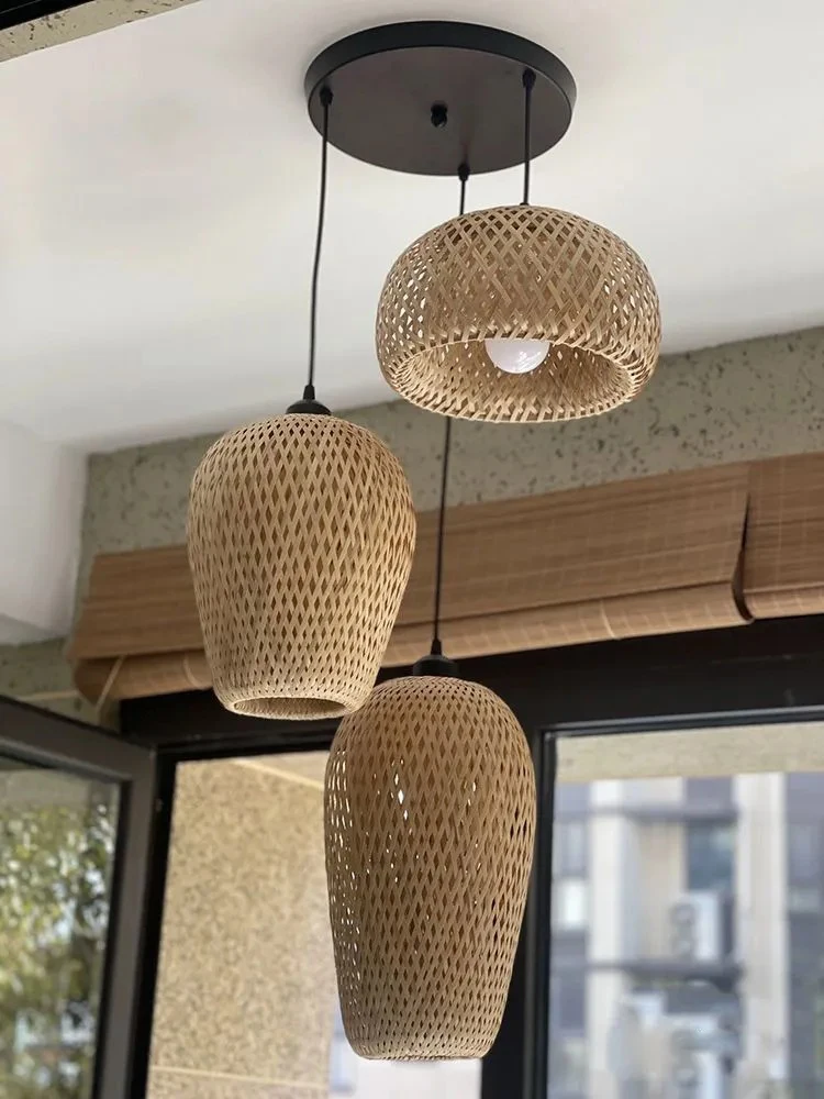 Classic 3-Piece Bamboo Pendant Light Set, Handmade Woven Natural Eco-Friendly Bamboo Chandeliers for Dining Room Decor
