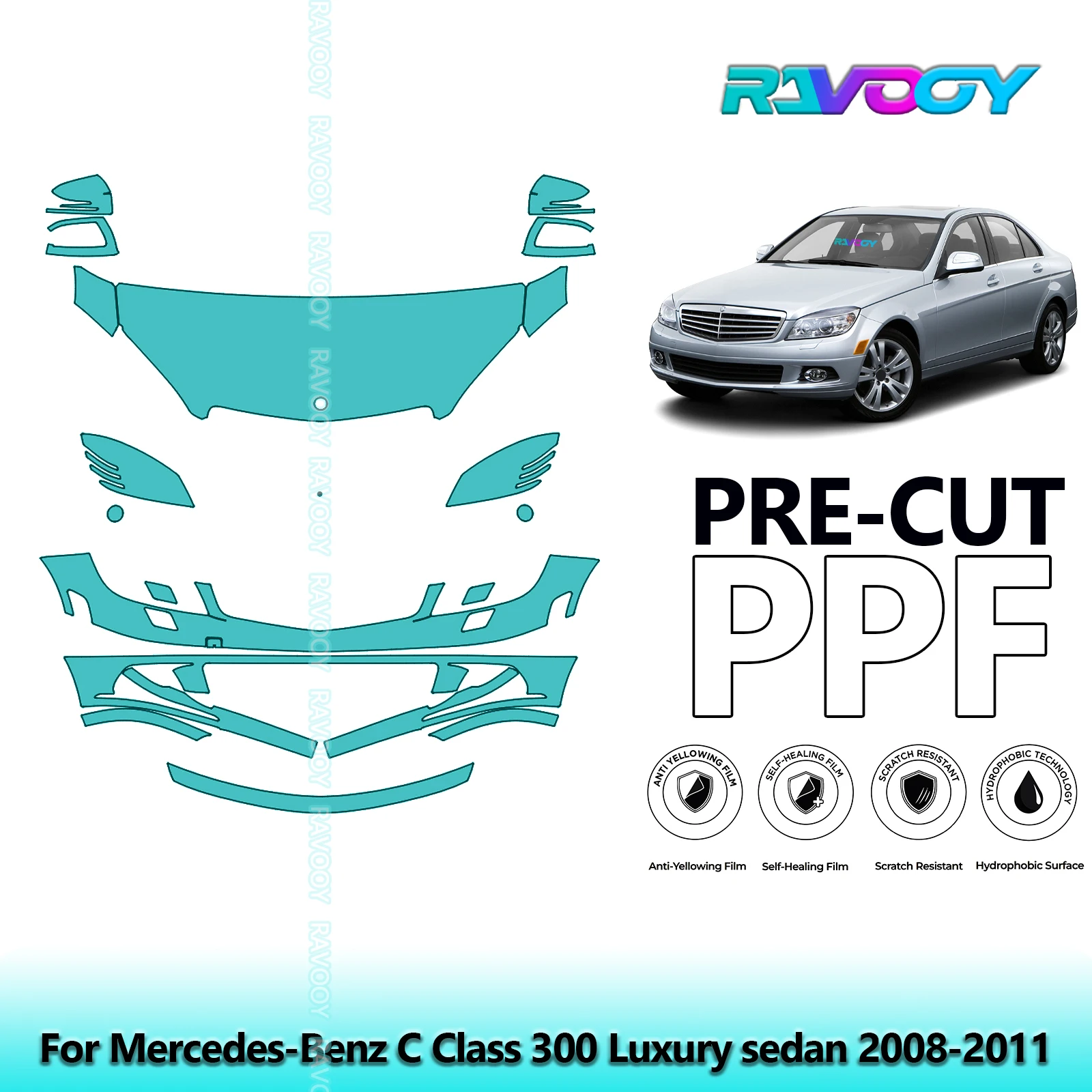 For Mercedes-Benz C Class 300 Luxury sedan 2008-2011 Partial Front Pre-Cut Paint Protection Film PPF Kit | Clear/Matte/Black