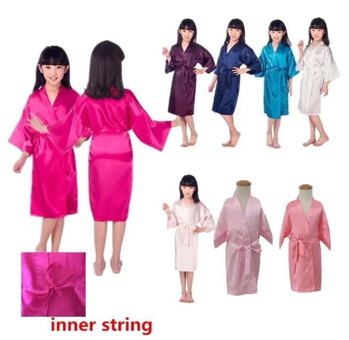 Girls Silky Satin Robes Children Pure Kimono Dressing Gown Bridal Lingerie Sleepwear for Wedding Spa Birthday Party