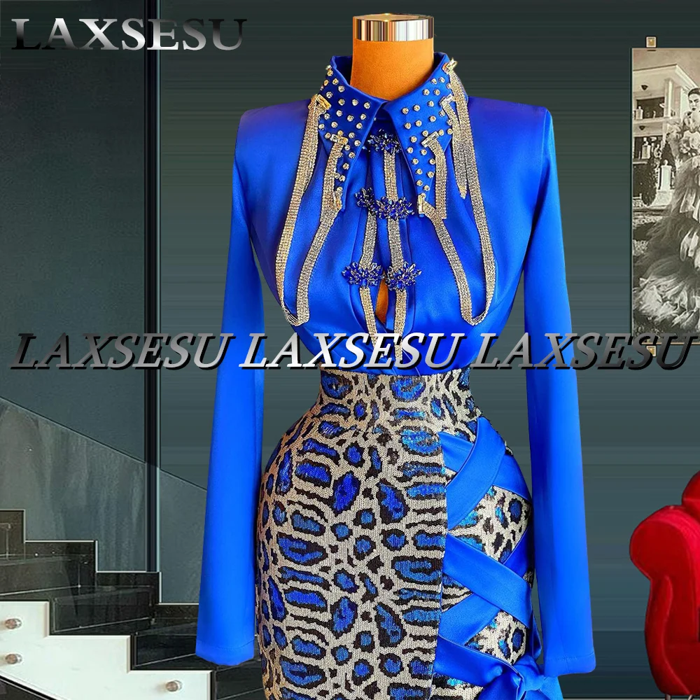 Laxsesu azul real vestido de baile 2 peças cetim sereia festa gownslong manga beadings blusa leopardo mini celebridade festa vestido