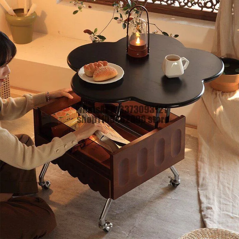 Medieval solid wood liftable coffee table mobile living room petal-shaped sofa side few light luxury household small apartment