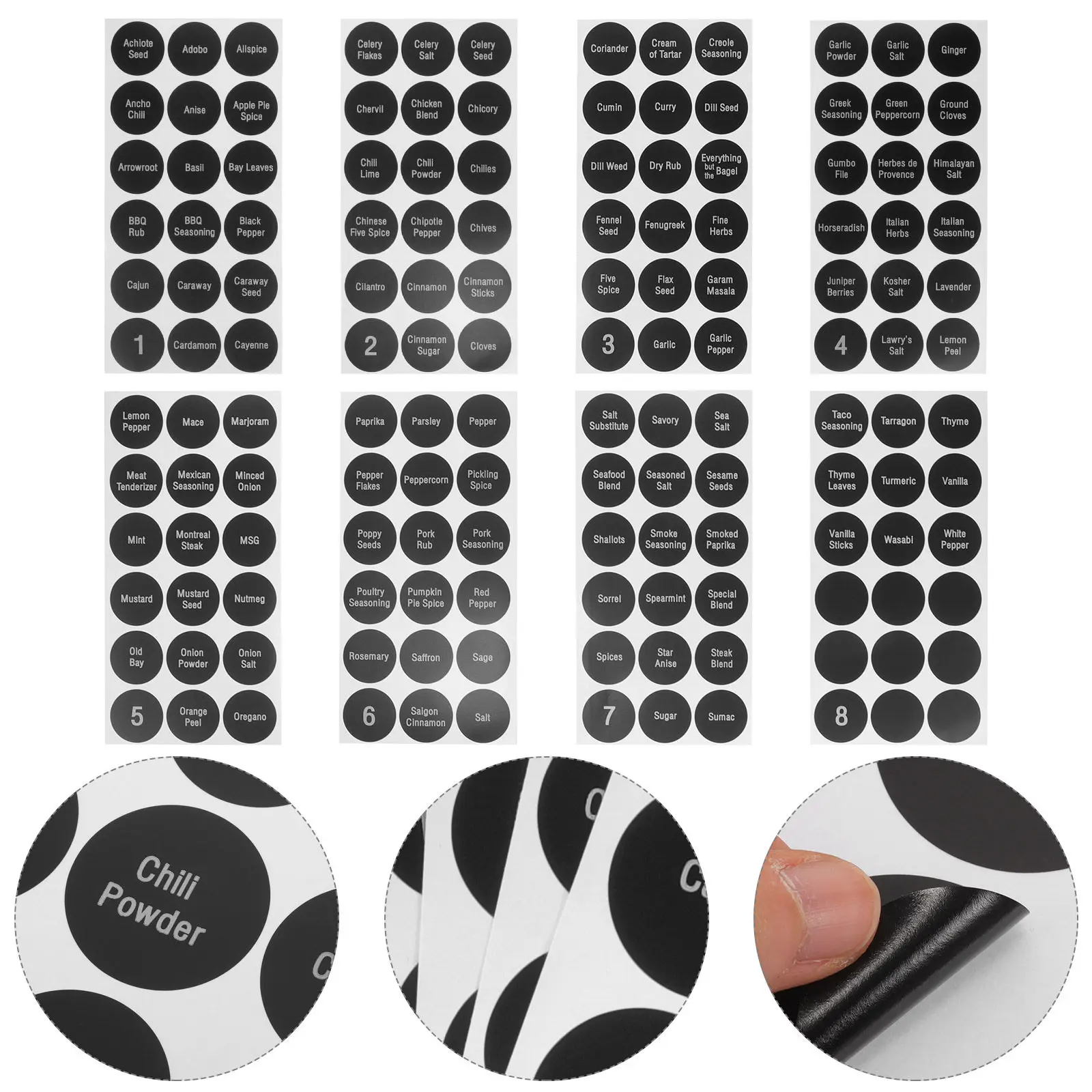 

8 Sheets Round Preprinted Spice Labels Stickers for Kitchen Cabinets Pantry Storage Seasoning Bottle Jar Labels Self-Adhesive
