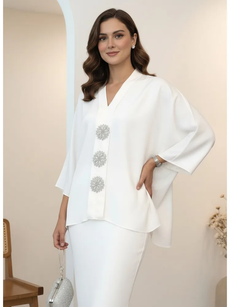2026 Spring Women's Shirt White V Neck 3/4 Sleeve Oversized Rhinestone Embellished Satin Blouse Luxury Elegant Evening Blouse