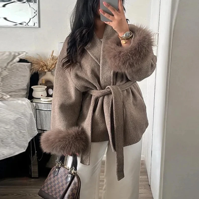 Elegant Women's Lace Up Woolen Coats Solid Full Sleeve Turn-down Collar Loose Lady Coats 2026 Autumn Winter Female Streetwear
