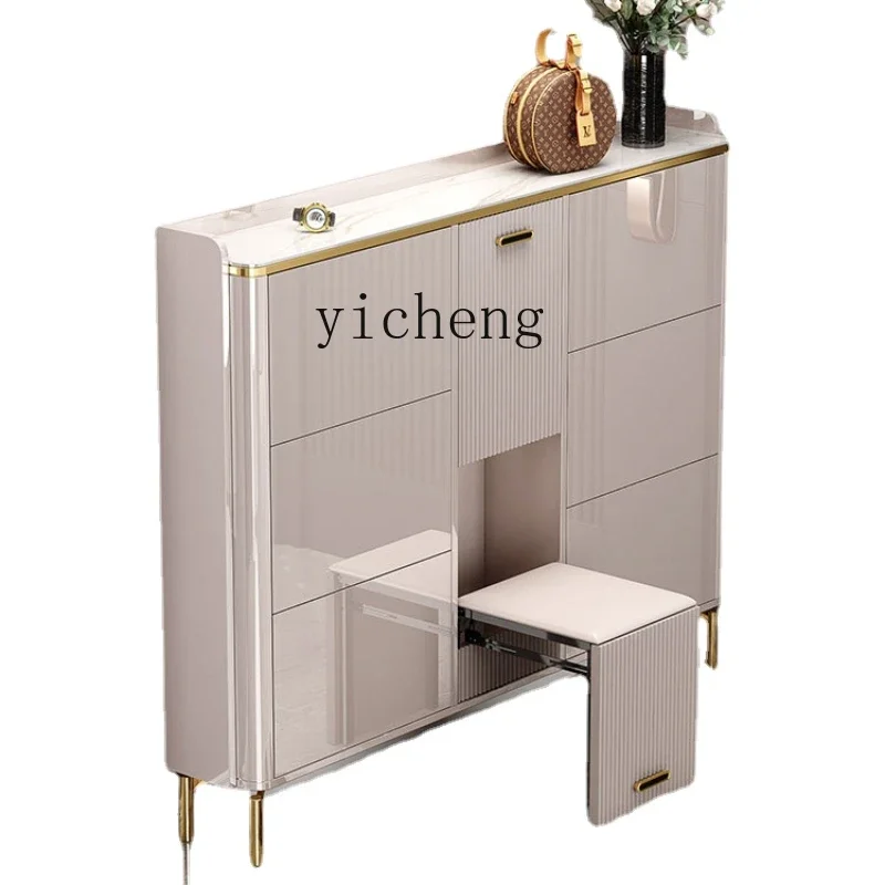 

ZK Light Luxury Ultra-Thin Shoe Cabinet 17cm Tilting Door Integrated Stool Home Entrance Cabinet