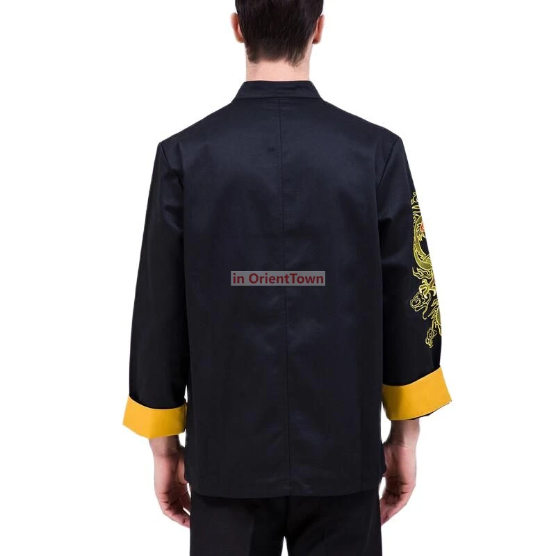 Uniforme de Chef de Service alimentaire, haut de restaurant, manches longues, Dragon brodé, vêtements de travail, Style chinois, cuisine d'hôtel, veste de cuisinier noire