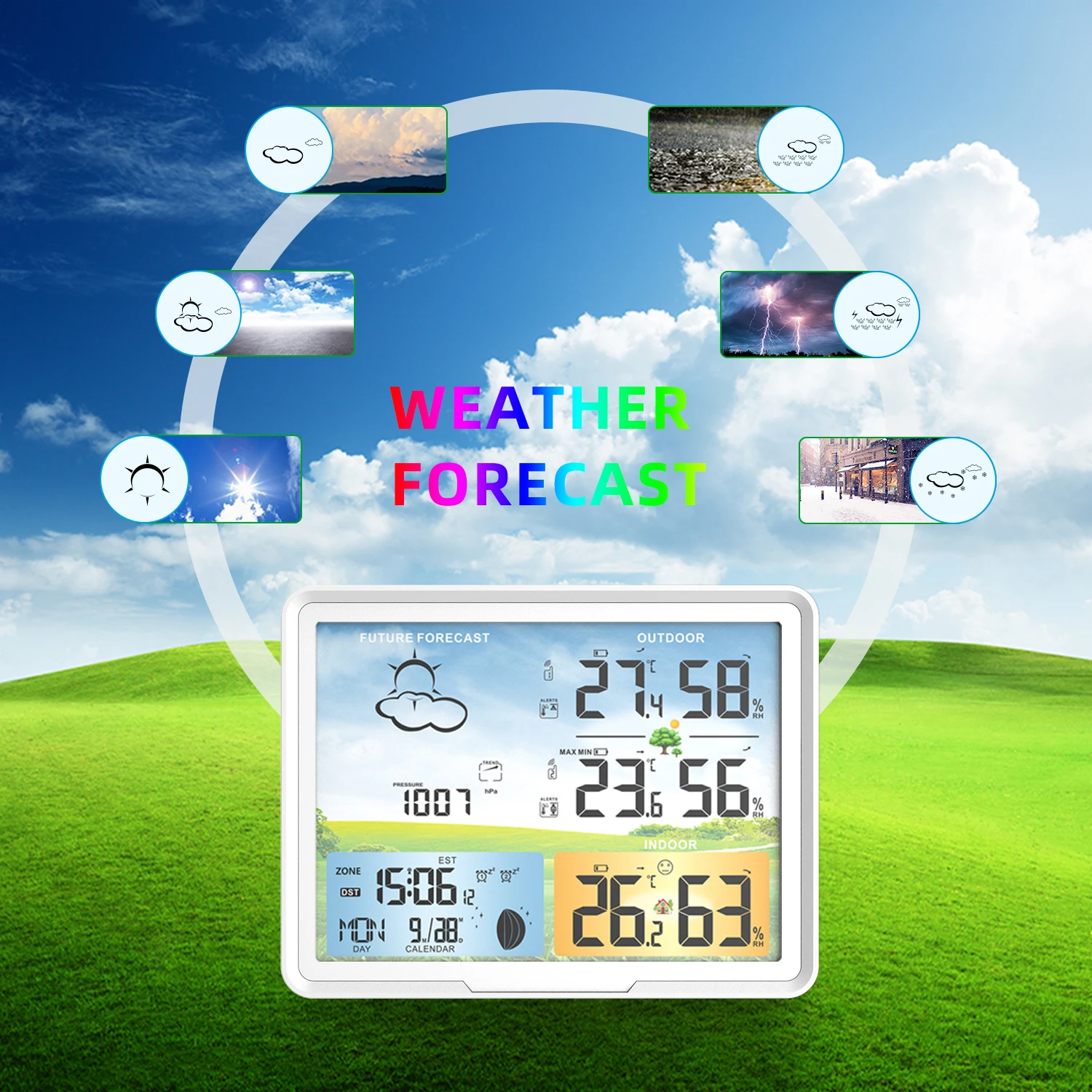 PT20 Multifunction wireless Weather Station Colorful LCD Alarm Clock Indoor Weather Forecast Barometer Thermometer Hygrometer