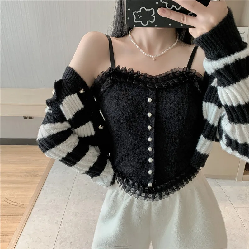 Sexy Lace Patterned Small Strap Vest Inner Wear Folded Pearl Wrap Chest Top Outer Wear Short Style Floral Pattern Single Button