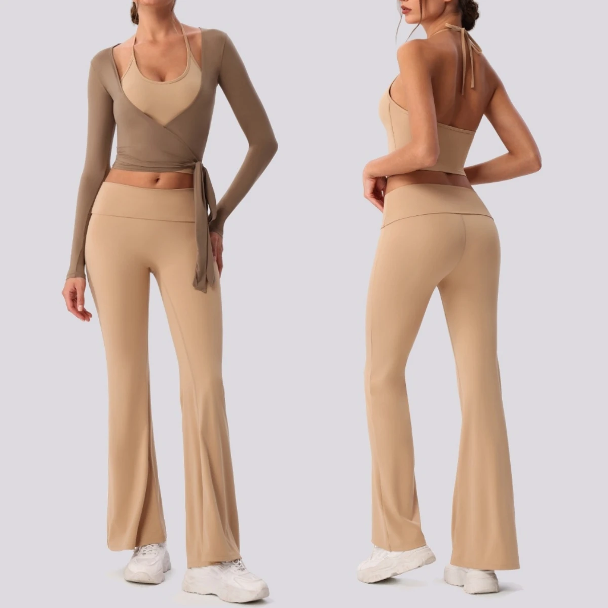 Women 2‑3 Piece Pilates Yoga Set Tie‑Back Halter Sports Tank Top Long Sleeve Wrap Top High Waist Flare Leggings Gym Workout Suit