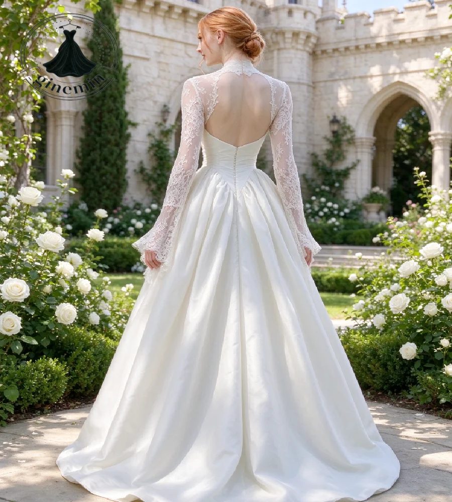 Elegant Garden Boho Wedding Dress A Line Satin Lace Sleeve Bolero Open Back Castle Bridal Gowns Chapel Train Garden Customized