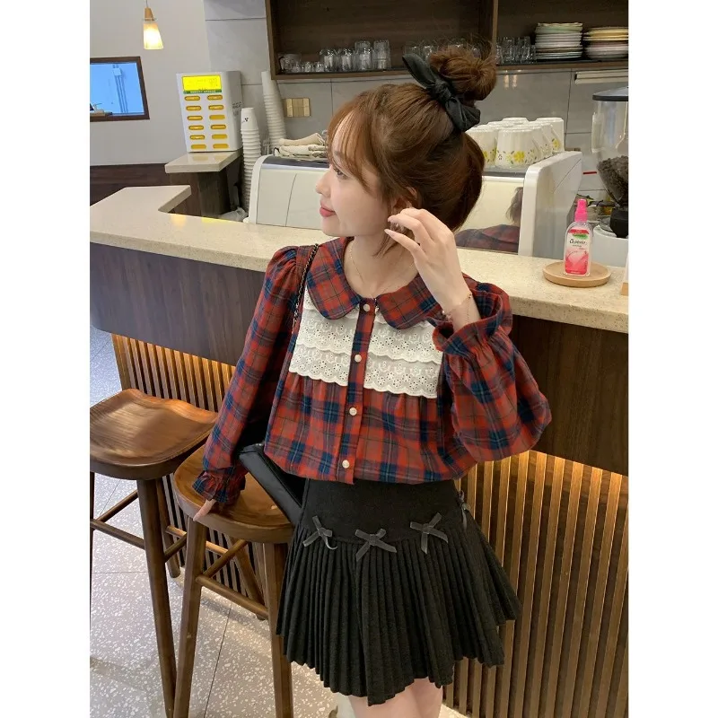 Camicie da donna con colletto scozzese con bottoni moda primavera estate Femme T-shirt a maniche lunghe versatile in cotone sottile con pizzo vintage